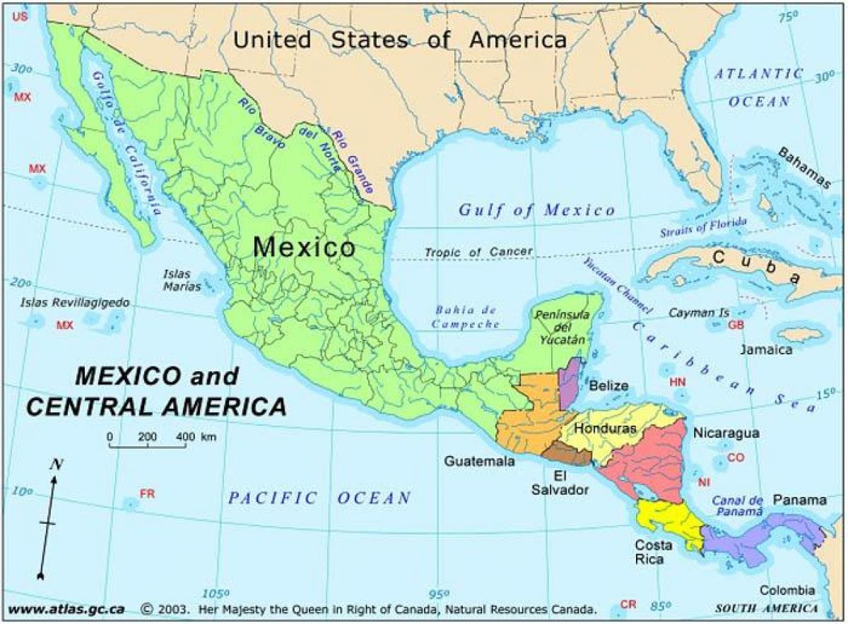 નકશો મેક્સિકો અને મધ્ય અમેરિકા
