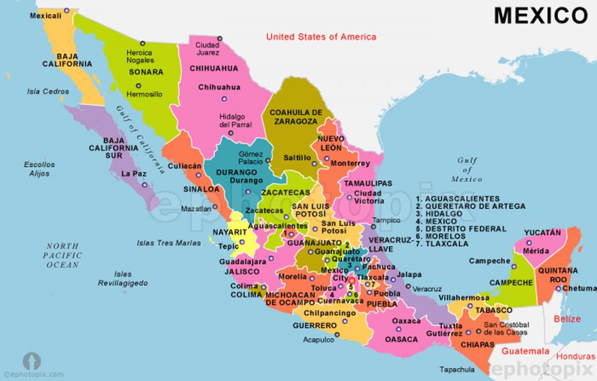 મેક્સિકો નકશો સાથે રાજ્યો અને રાજધાનીઓ